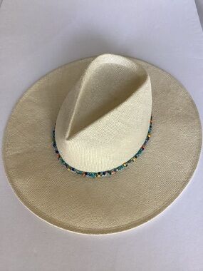 Eugenia Kim Wide Brim Straw Fedora Hat Beaded Band Resort Coastal Chic